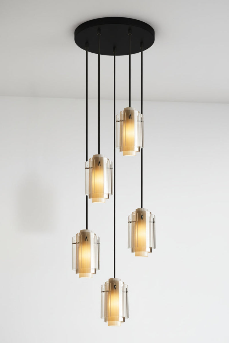 5 Drop layered glass pendant light with a black circular ceiling rose. 
