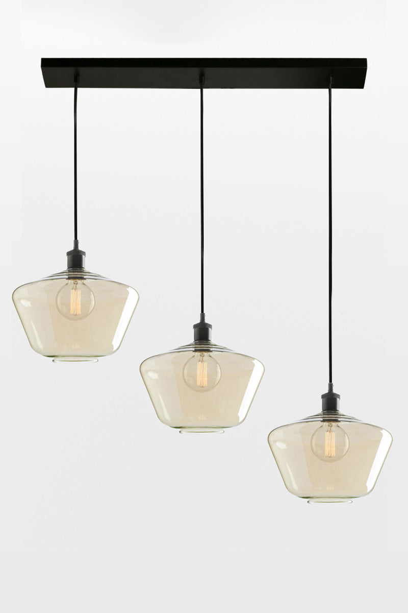 Three drop lineear pendant in black with champagne shades in version A. 