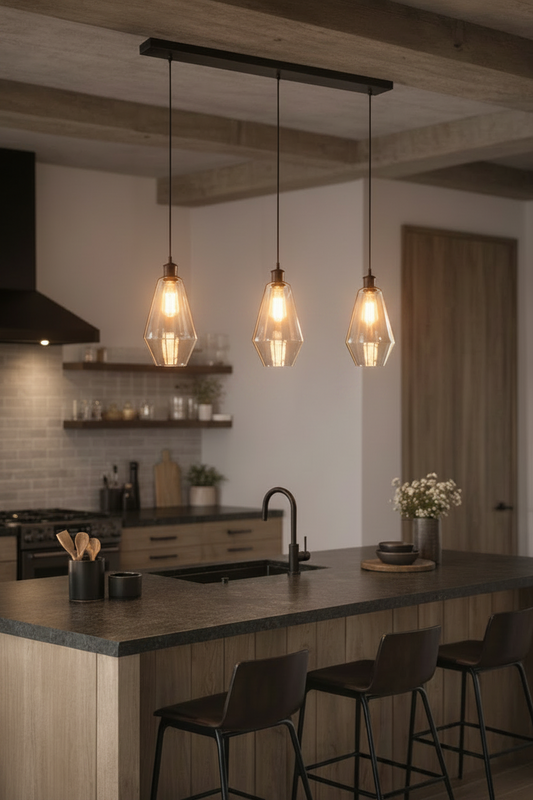 Three champagne coloured glass shades on a black linear fixture over a moo kitch island. 