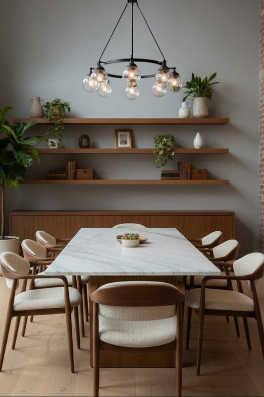8 light black, circular chandelier with clear glass ball shades over a mid-century style dining space. 