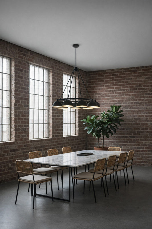 Modern conference room with brick walls, large windows, and a Dome 8 Light Circular Chandelier