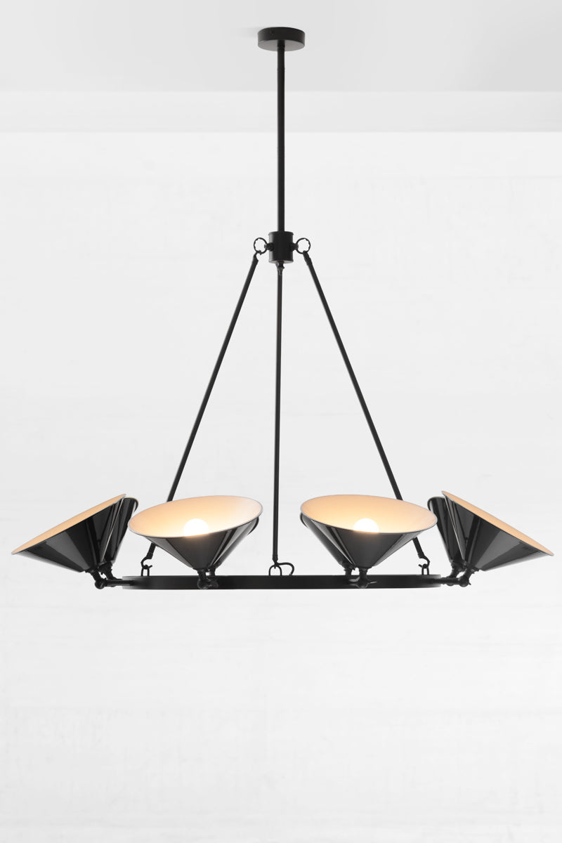 Eight light black, circular chandelier with black cone shades. 