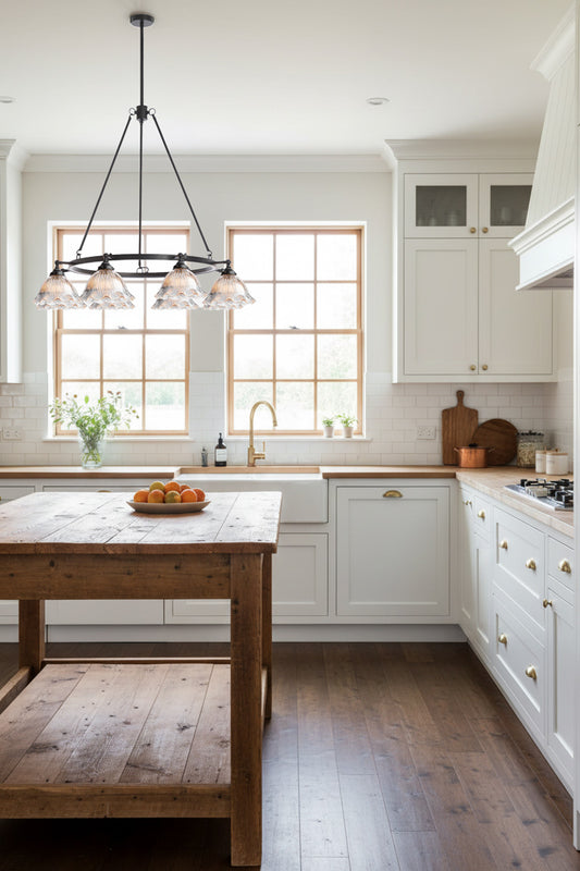 8 light clear glass shades with frilled edge on a black circular fixture in a modern farmhouse kitchen. 