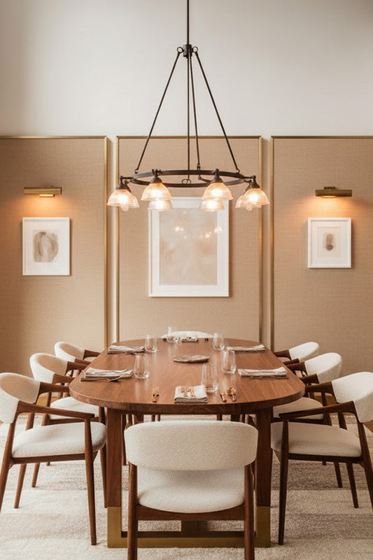 Dining room with wooden table and chairs, Eight light circular chandelier with clear glass ribbed shades over a dining table and framed artwork on the wall.