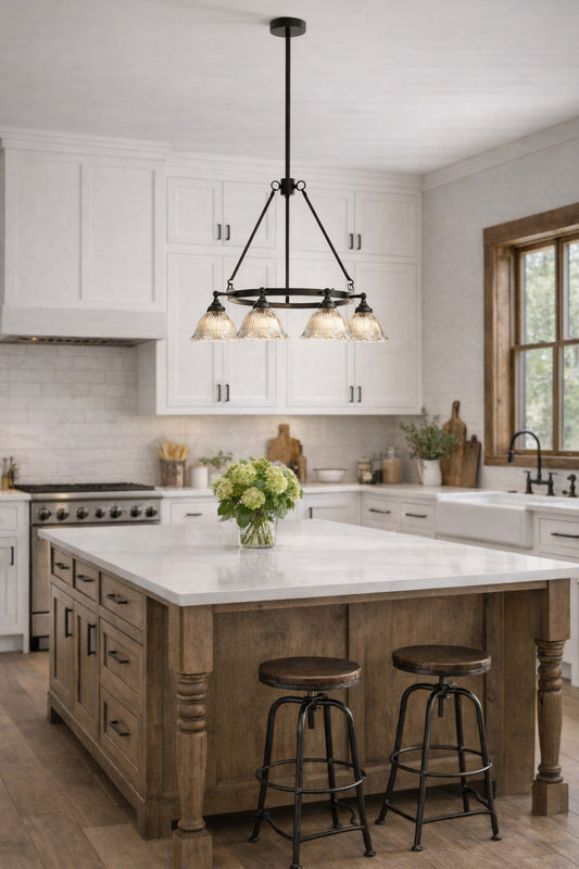 8 light clear glass shades with frilled edge on a black circular fixture in a modern farmhouse kitchen. 