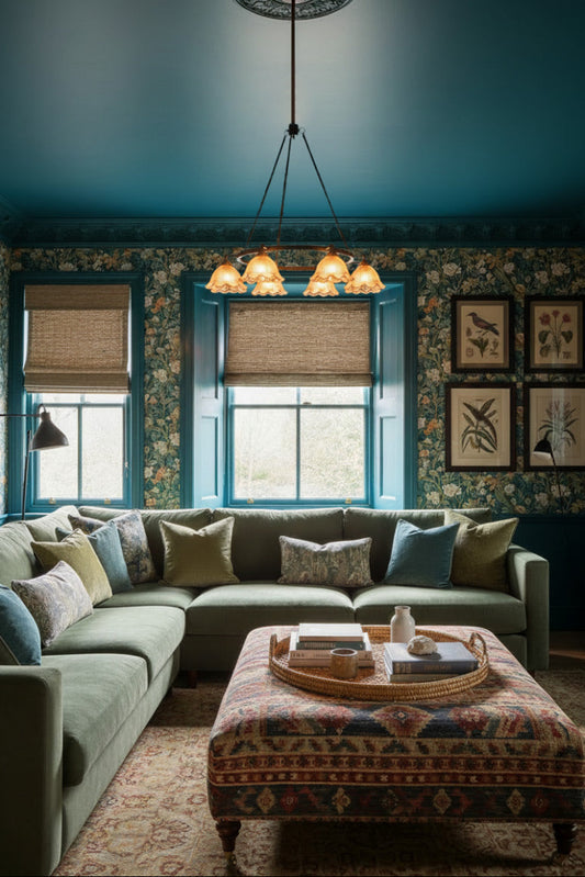 8 light clear glass shades with frilled edge on a black circular fixture in a eclictic decor that harmoniously blends different eras, textures, global influences.