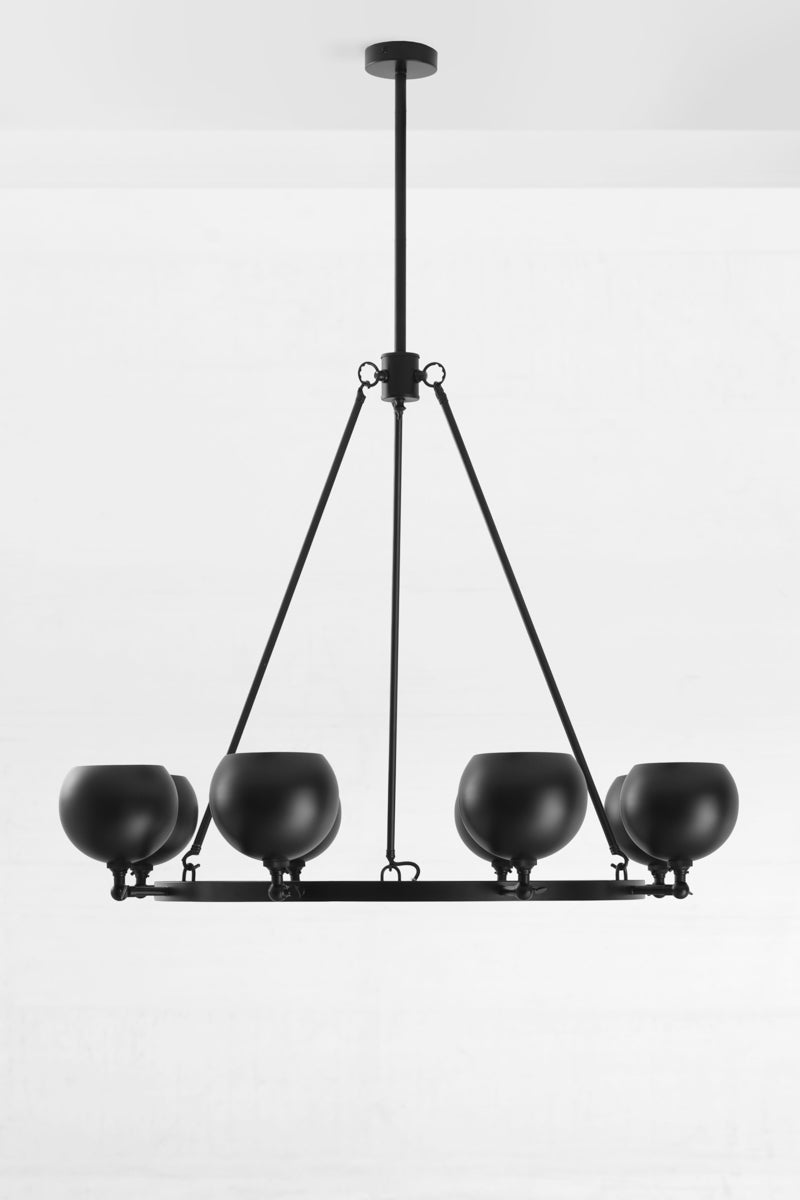 8 light bulb shade circular chandelier in black, with lampholders facing up