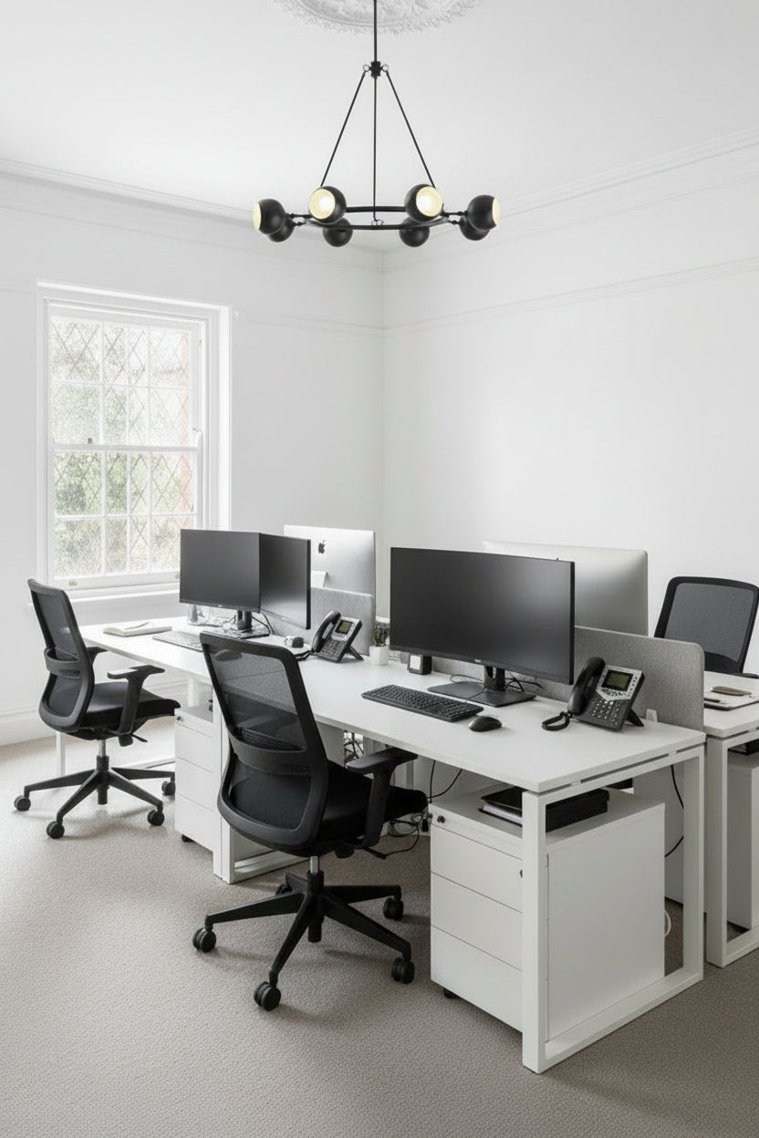 8 light bulb shade circular chandelier in black, with lampholders facing out over a office setting.