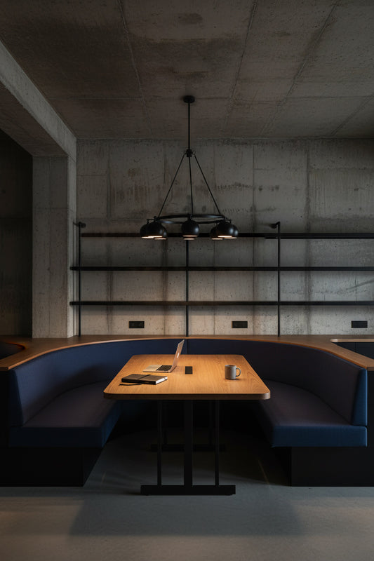 working space in an office, booth with 8 light above, ideal for task lighting.