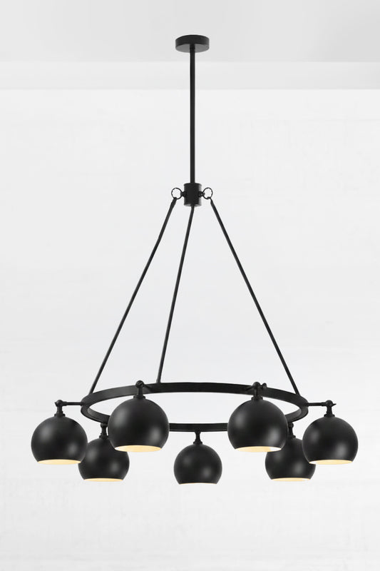 8 light bulb shade circular chandelier in black, with lampholders facing down
