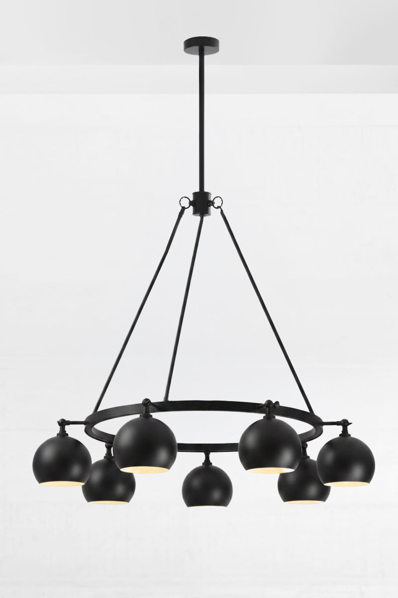 8 light bulb shade circular chandelier in black, with lampholders facing down