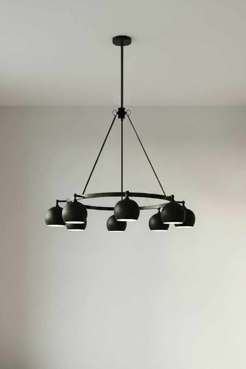 8 light bulb shade circular chandelier in black, with lampholders facing down
