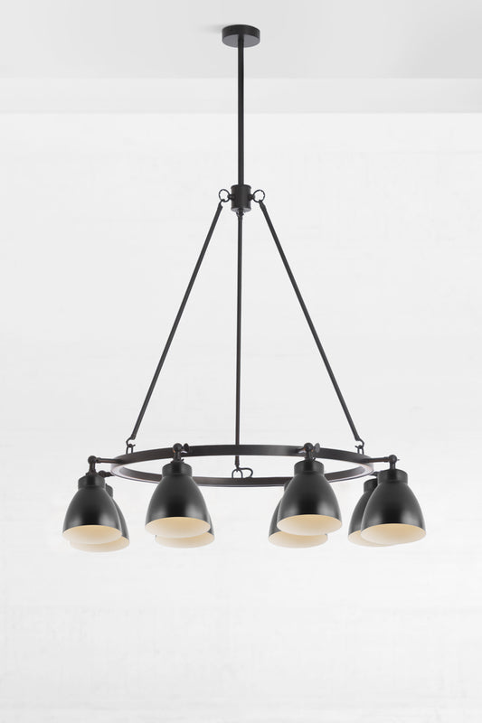 Black 8 light chandelier with black steel shades with white reflective inner. 