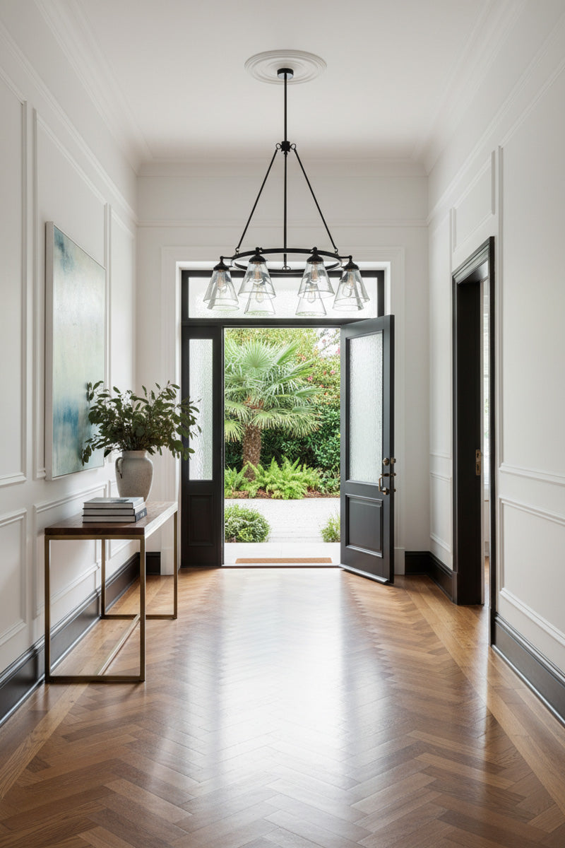 Modern interior hallway with a chandelier, eight light circular chandelier in black with clear glass shades in a renovated heritage home entamce home 