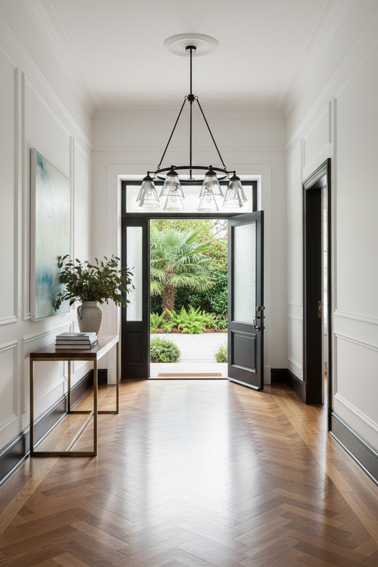 Modern interior hallway with a chandelier, eight light circular chandelier in black with clear glass shades in a renovated heritage home entamce home 