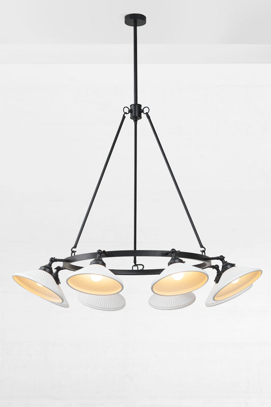 Black 8 light circular chandelier with white ceramic shades facing  down. 