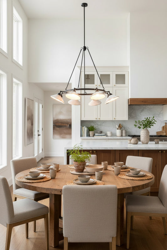 Modern kitchen with wooden dining table and chairs, pendant light crafted from ceramic, swivel lampholders allow for directional lighting in kitchen dining