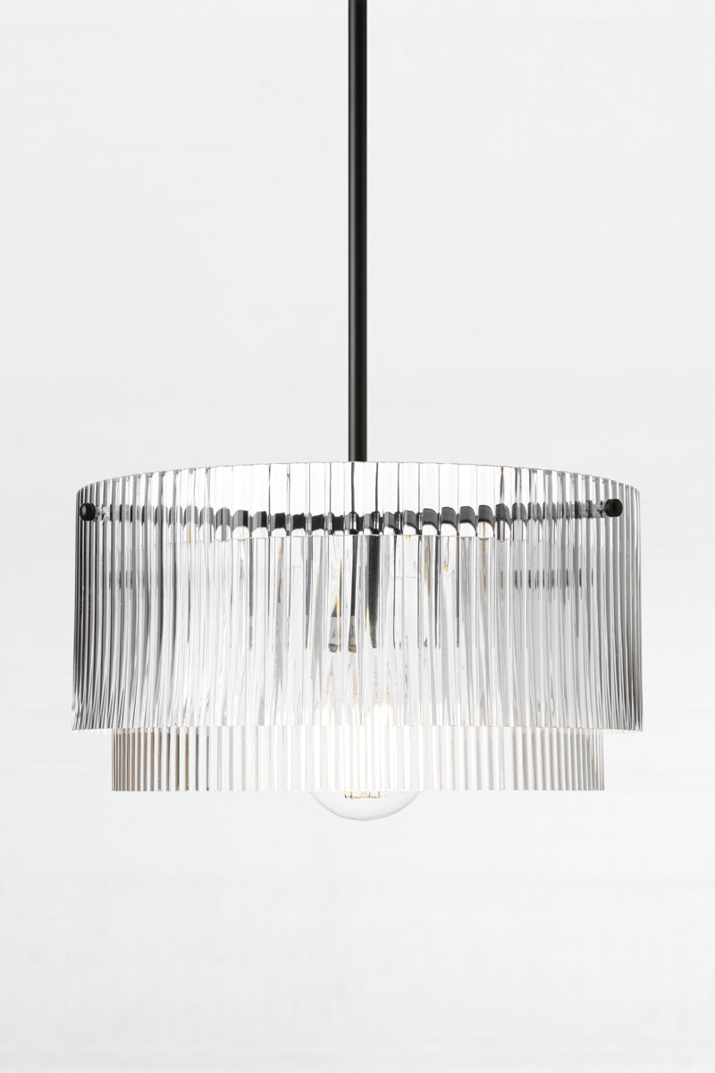 Two tiered clear glass shades with fluted detailing paired with a black pole pendant suspension.