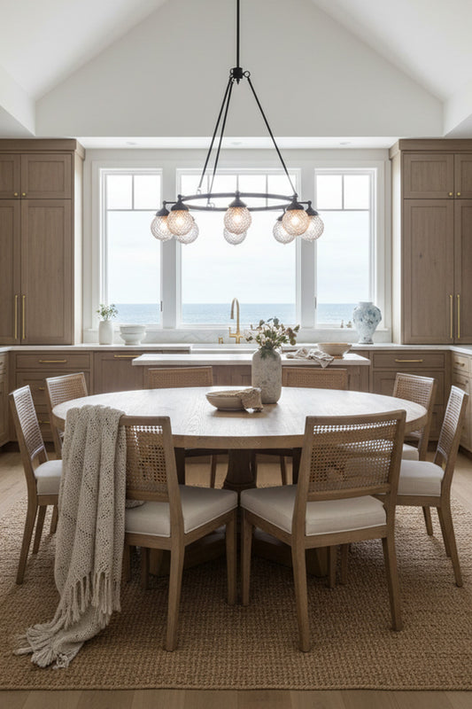 8 light circular chandelier with glass ball shades over a coastal dining kitchen space. 