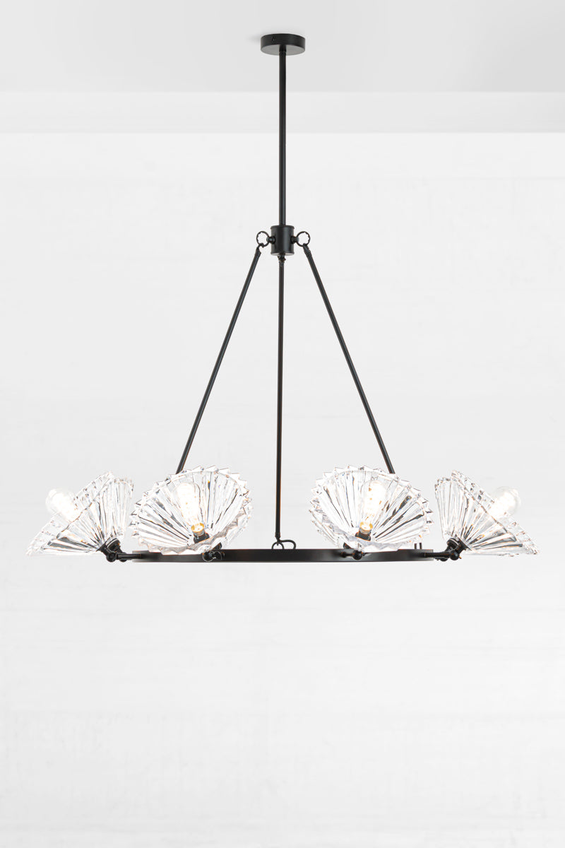 Black 8 light circular chandelier with 8 clear pleated conical shades facing up and out. 