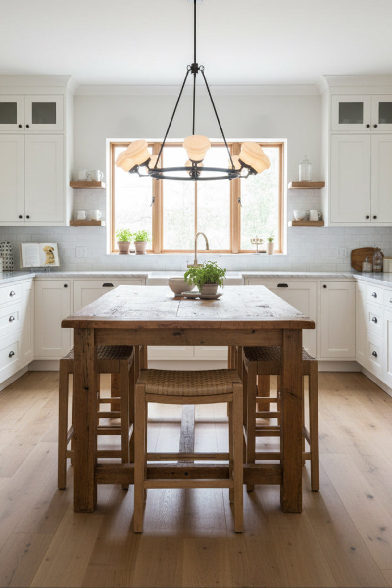 Eight light black circular chandelier with schoolhouse style opal shades in a contemporary heritage kitchen