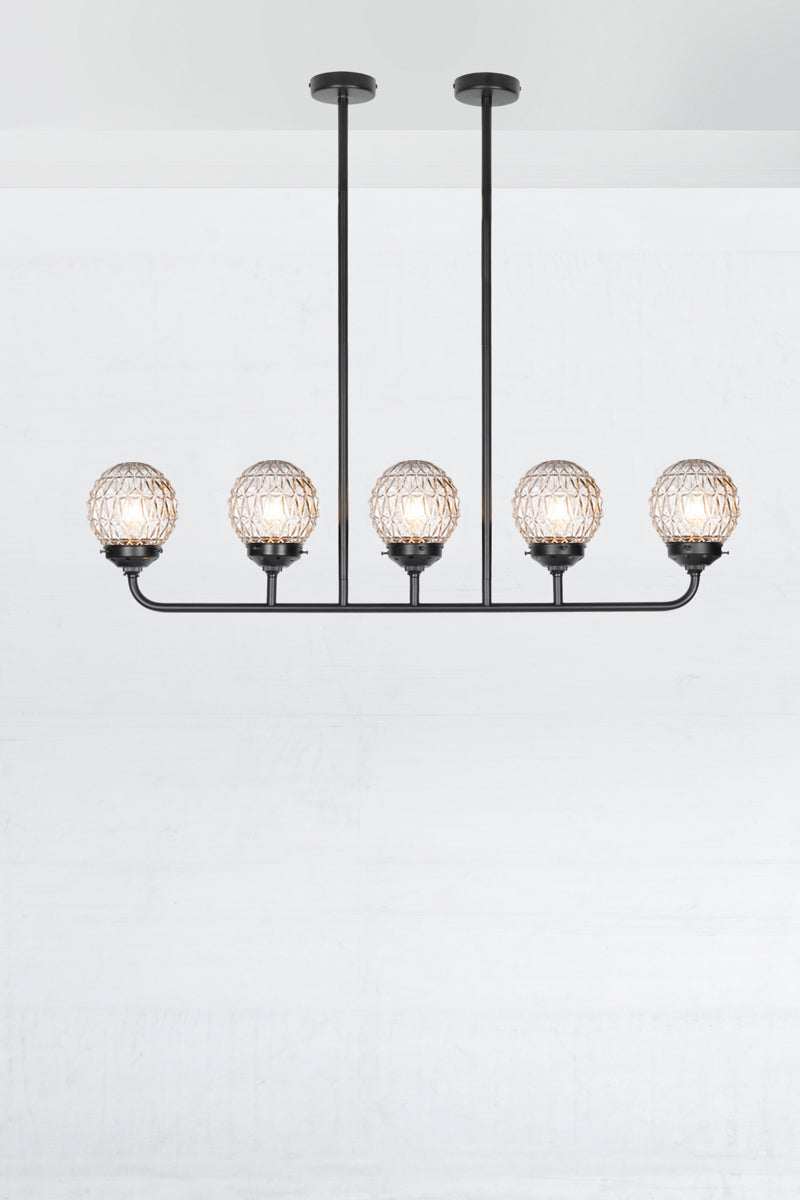 Five light linear chandelier in black with clear glass ball shades with a Geometric pattern.