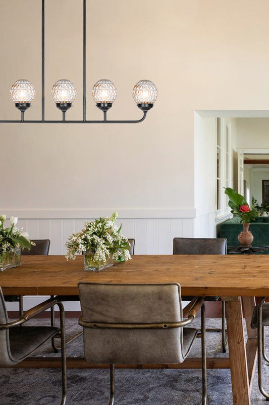 Black 5 light linear chandelier with geometric clear cut glass. 