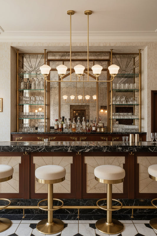 Gold/brass 3 light linear chandelier and opal schoolhose shades over a high end bar