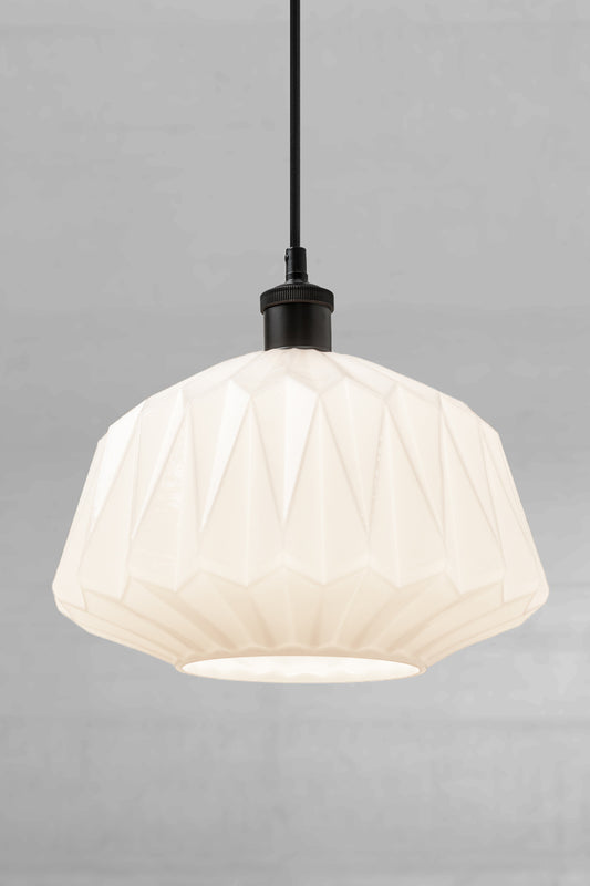 Opal geometric shade with a black lampholder and cord. 