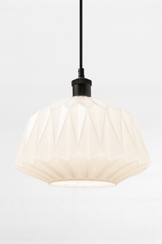 Opal geometric shade with a black lampholder and cord. 
