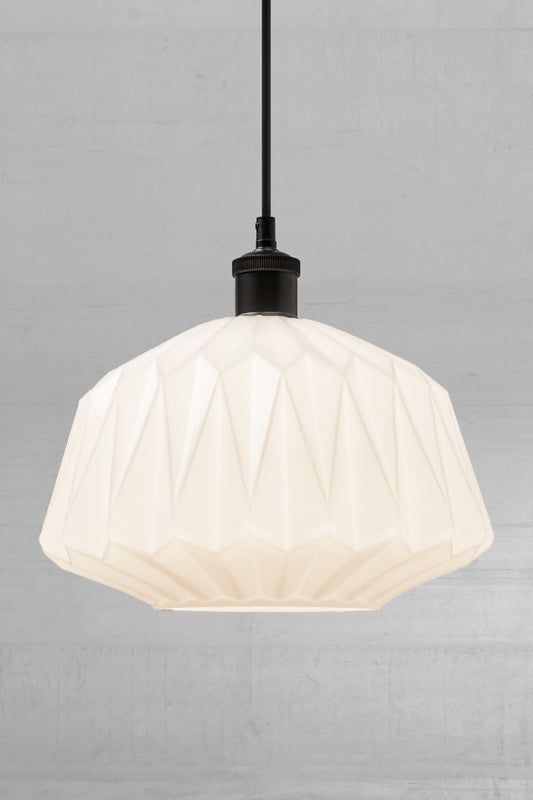 Opal geometric shade with a black lampholder and cord. 