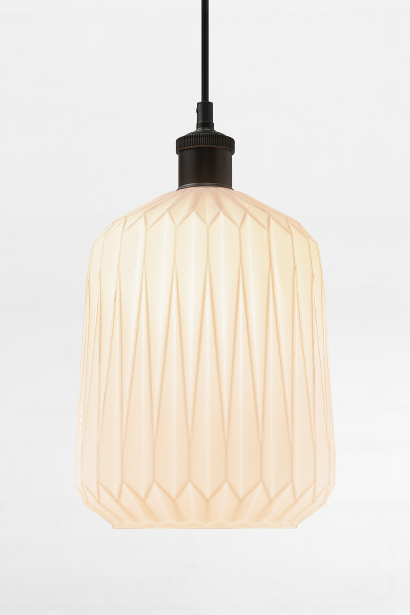 Opal shade with geometric design on a black pendant cord. 