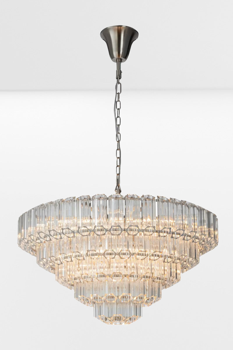 Extra large glass chandelier with chrome finished metalware and five tiers.