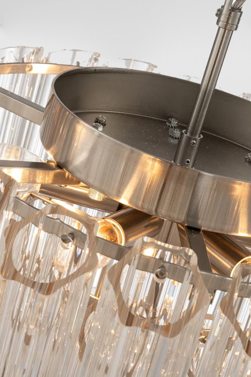 Close up of the brushed nickel lampholder of the large pendant light. 