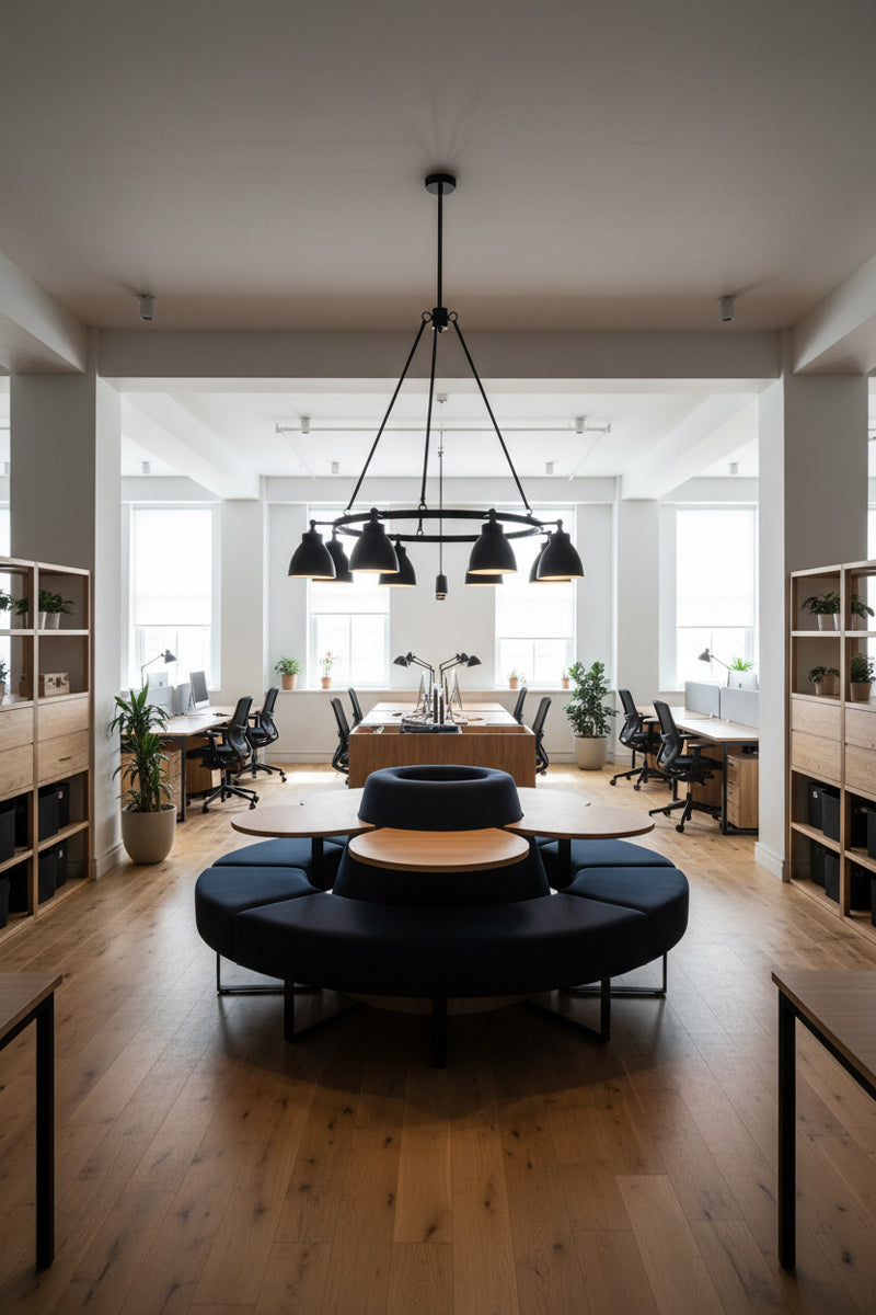 Modern office space with a large round black sofa, wooden floor, and large windows. 8 light cirular chandelier hanging in its space