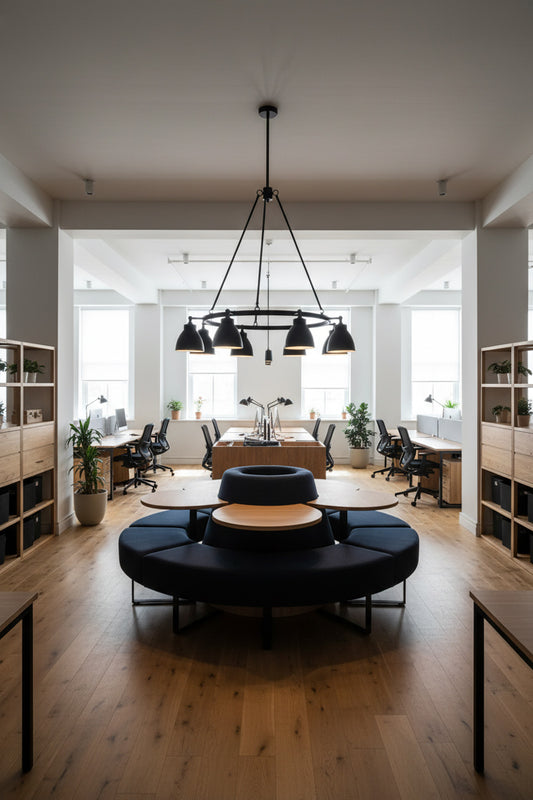 Modern office space with a large round black sofa, wooden floor, and large windows. 8 light cirular chandelier hanging in its space