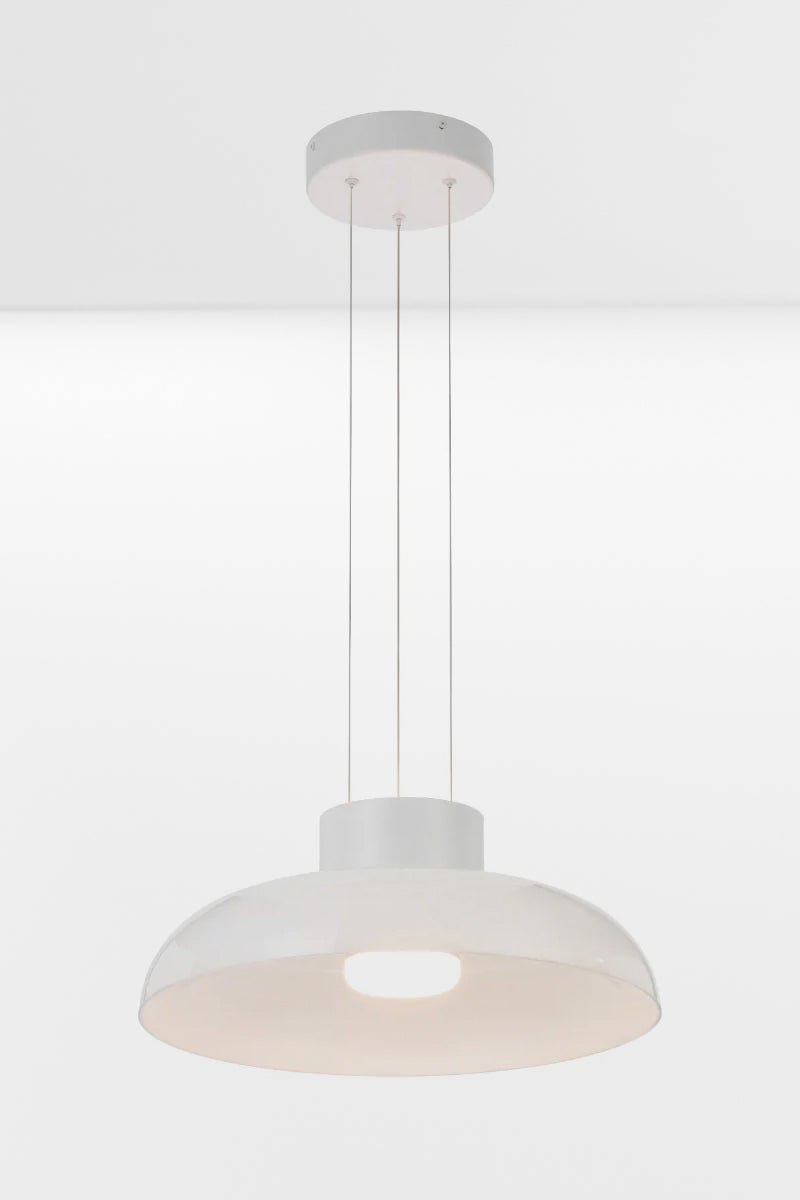 Large integrated LED pendant light with an opal white glass shade and triple cord suspension.
