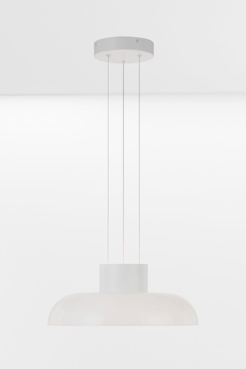 Large LED pendant light with an opal white glass shade and gloss finish.