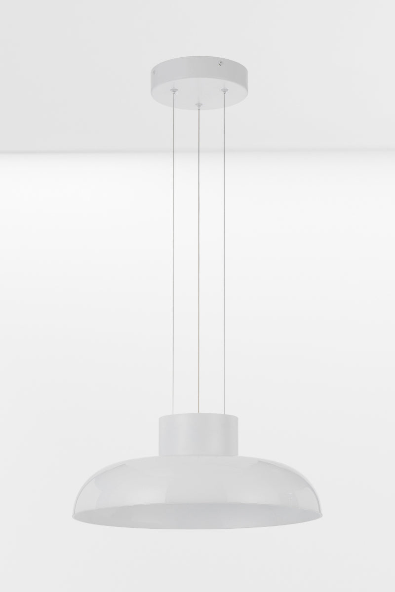 Large LED pendant light with an opal white glass shade and gloss finish, with the light turned off.
