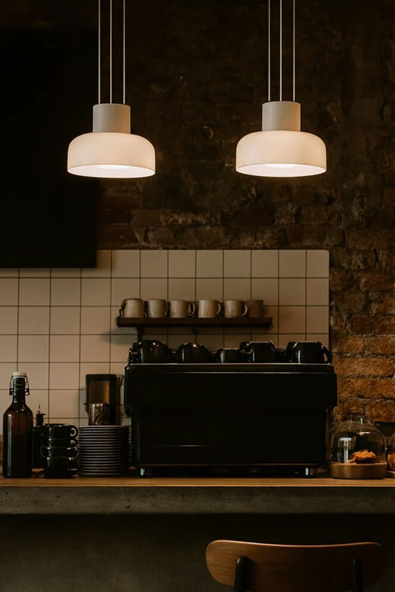 Two of the small LED pendant lights over a coffee bar. 
