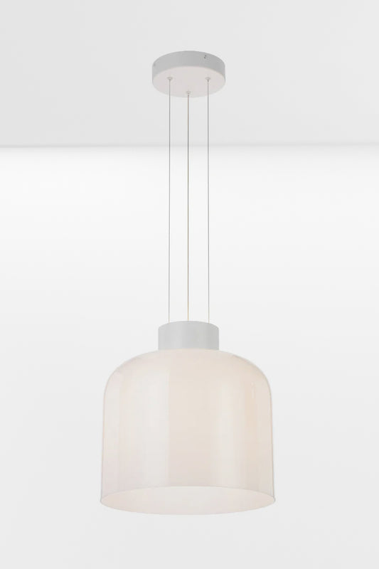 Small illuminated LED glass pendant light in white, showing the open ended opal gloss shade. 