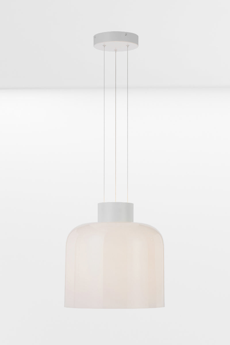 Large illuminated LED glass pendant light in white with an opal gloss shade. 