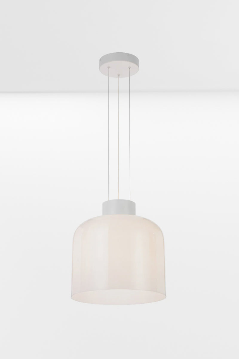 Large illuminated LED glass pendant light in white, showing the open end of the opal gloss shade. 