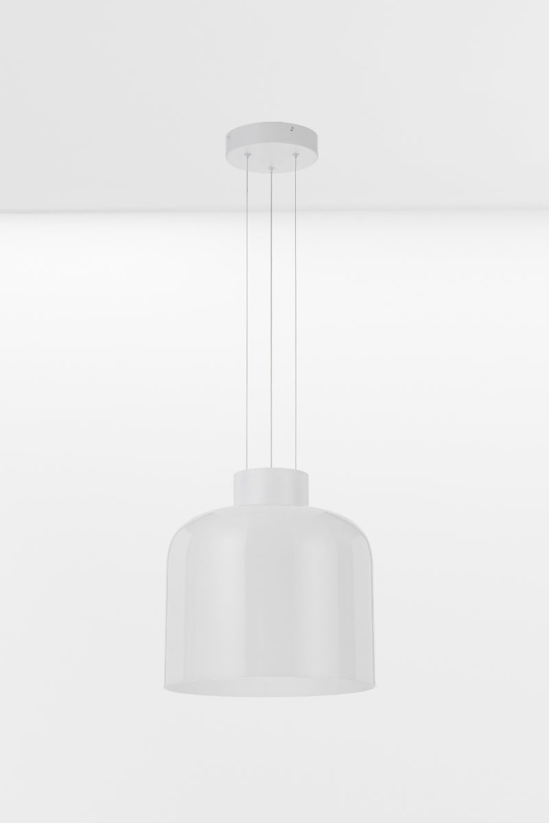 Small LED glass pendant light in white with an opal gloss shade. 