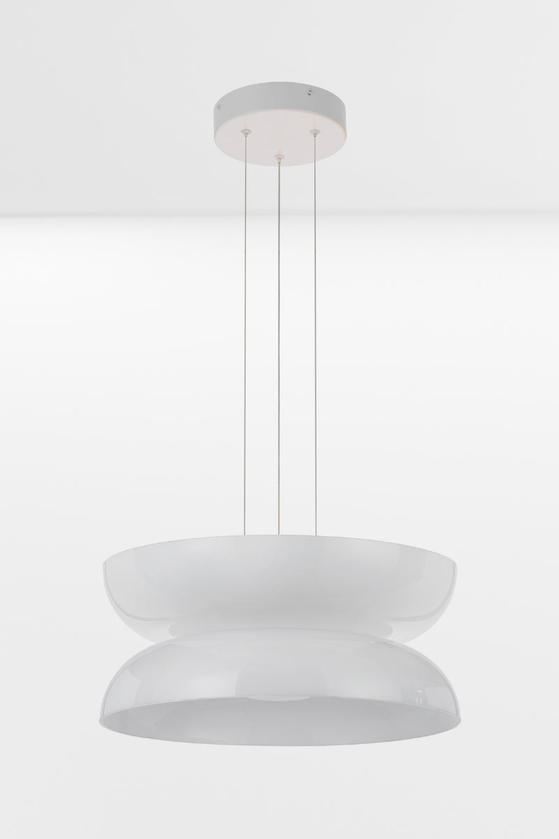 Version B of the pendant light with two large opal glass shades, together creating one pendant light, not illuminated. 
