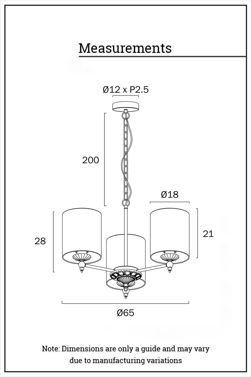 Dimension illustration of the 3 light chandelier. 