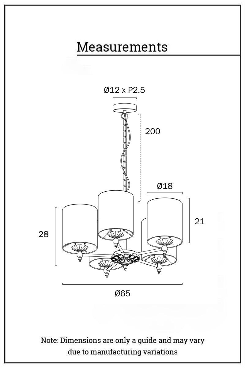 Dimension illustration of the 5 light chandelier. 