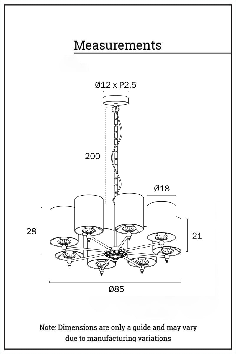 Dimension illustration of the 8 light chandelier. 