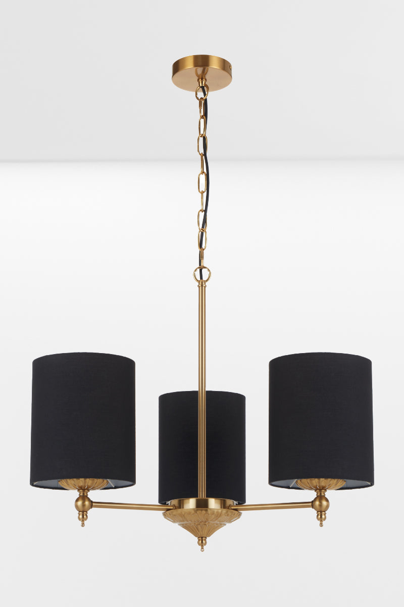 3 light antique gold chandelier with black satin shades
