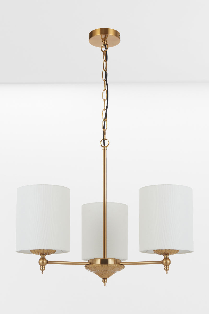 3 light antique gold chandelier with ivory satin shades